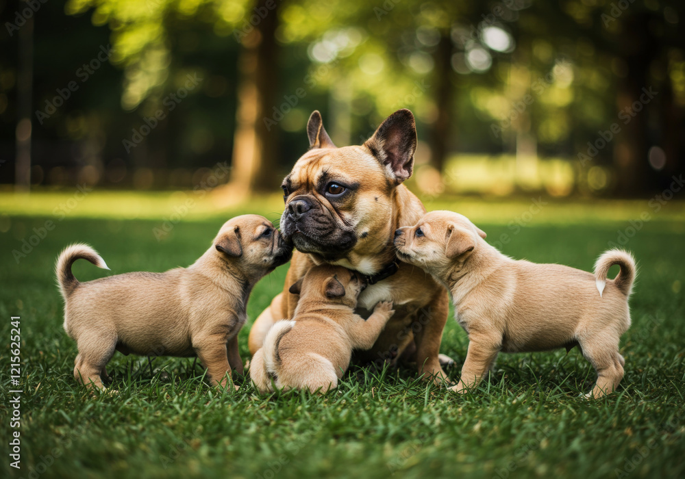 Female French Bulldog with puppies