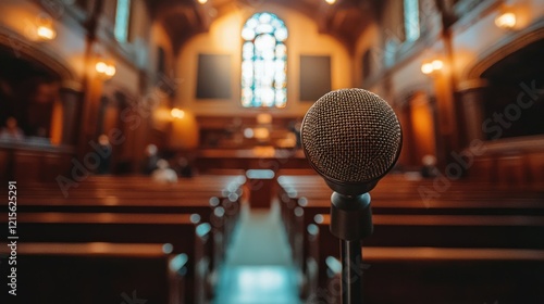 Microphone center stage in chapel, blurred audience, stained glass window