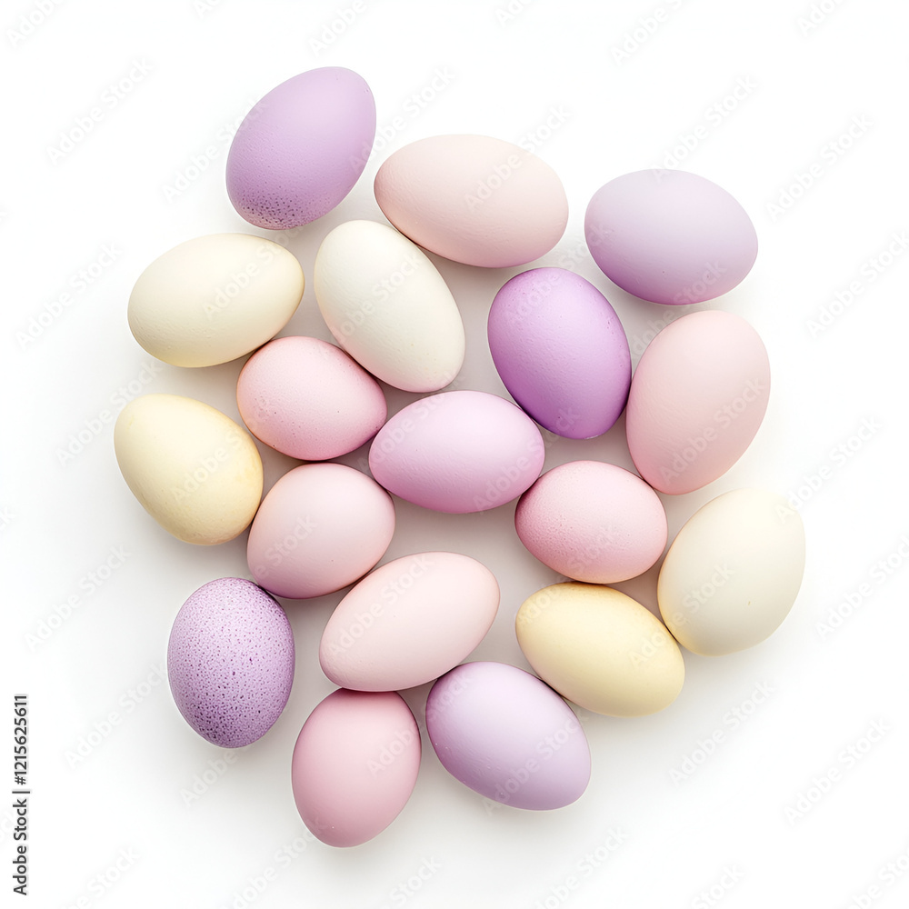 Pastel-colored eggs arranged in a cluster on a white background. Perfect for Easter or spring themes. Pastel-colored eggs arranged in a cluster on a white background. Perfect for Easter or spring themes.