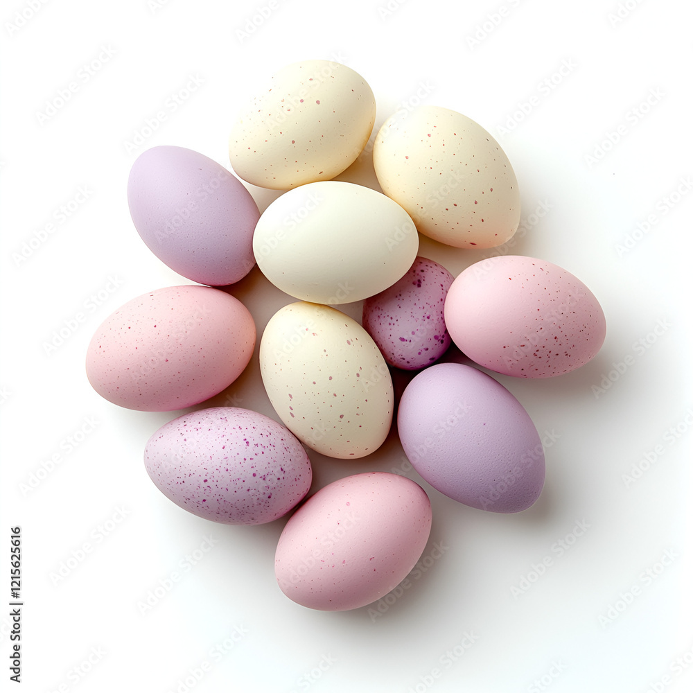 Pastel-colored eggs arranged on a white background. Perfect for Easter or spring themes. Pastel-colored eggs arranged on a white background. Perfect for Easter or spring themes.