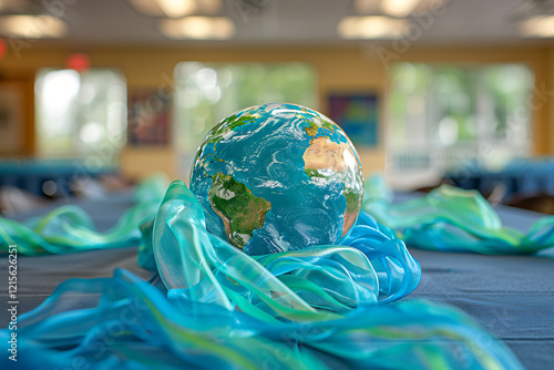 environmental activism, community voices advocating for water resource protection, centered by a globe and festooned with blue and green streamers photo