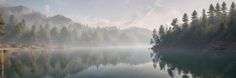 Fototapeta premium Gentle fog rolls in over a peaceful lake scene with trees and hills, misty, water, calm