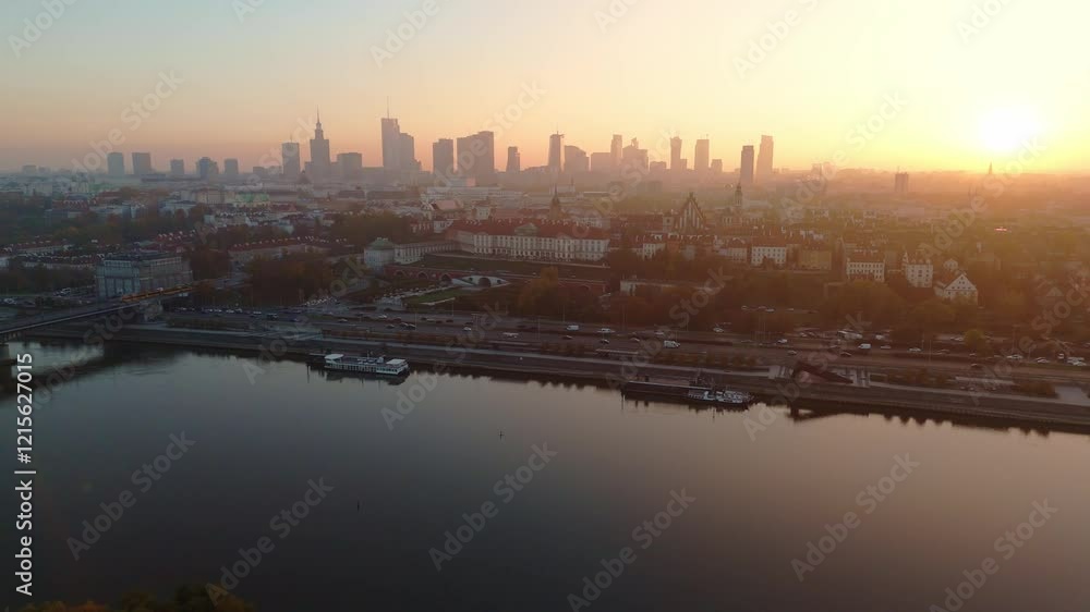 aerial flyover of the vistula river with a view of warsaw city center in autumn at sunset aerial flyover of the vistula river with a view of warsaw city center in autumn at sunset
