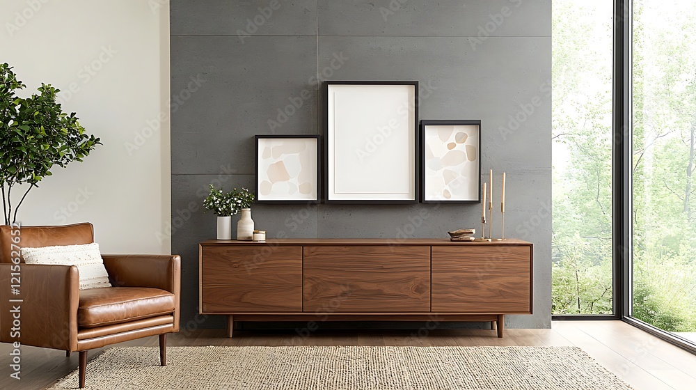 Modern living room, walnut sideboard, armchair, artwork. Home decor, interior design Modern living room, walnut sideboard, armchair, artwork. Home decor, interior design