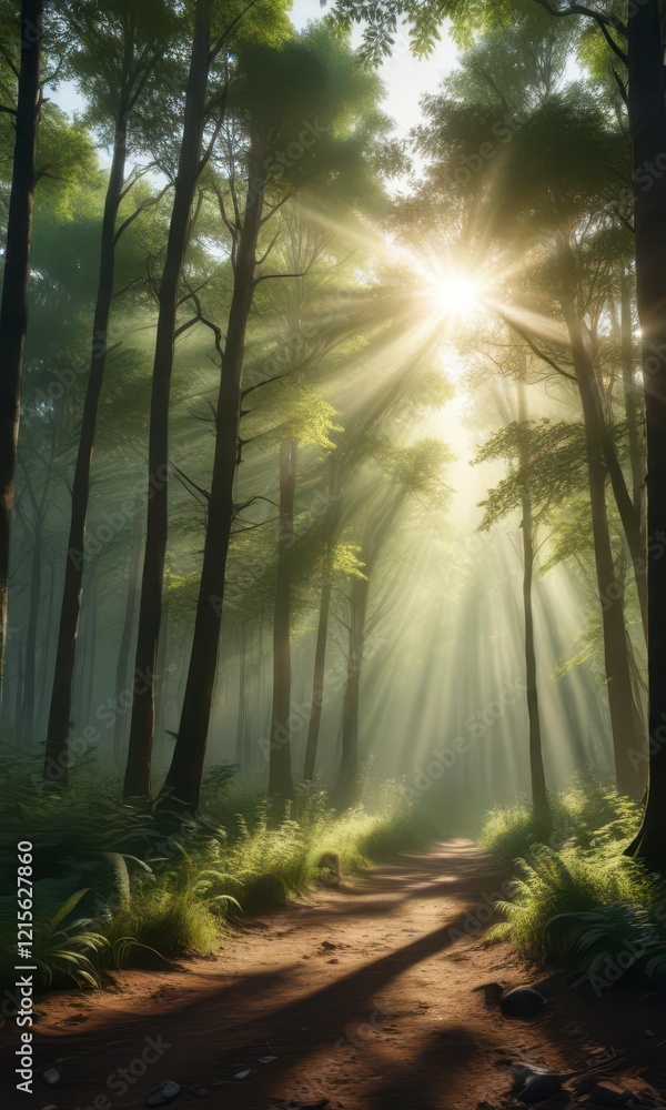 Obraz premium Panoramic forest landscape with sunbeams filtering through trees, scenery, woodland, tree foliage