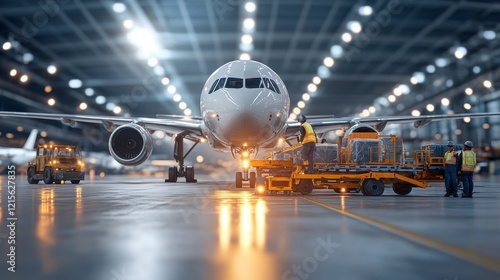 Airplane being loaded with cargo in a bustling hangar, showcasing ground crew and equipment