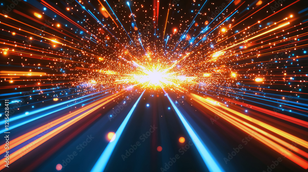 Obraz premium Luminous cosmic rays: An abstract exploration of light speed and energy through vibrant streaks and dynamic patterns.