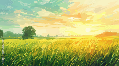 Tranquil Field of Grass Bathed in the Warm Hues of a Breathtaking Sunset