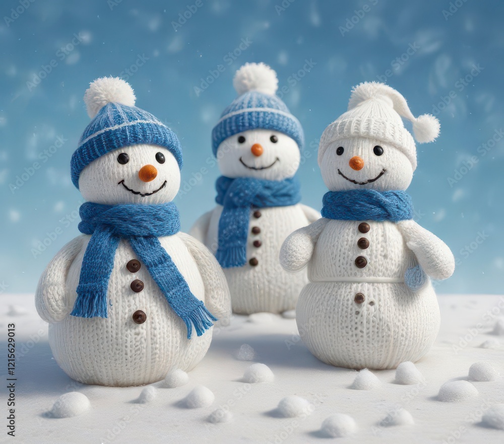 Knitted snowmen scattered across soft white snow on a serene blue winter background, handmade snowman, winter wonderland, knitting pattern Knitted snowmen scattered across soft white snow on a serene blue winter background, handmade snowman, winter wonderland, knitting pattern