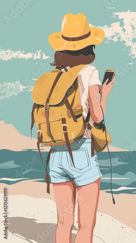 Traveler Using Mobile Phone with Online Travel Icons and Network Connections