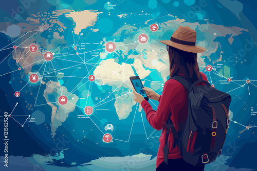 Traveler Using Mobile Phone with Online Travel Icons and Network Connections