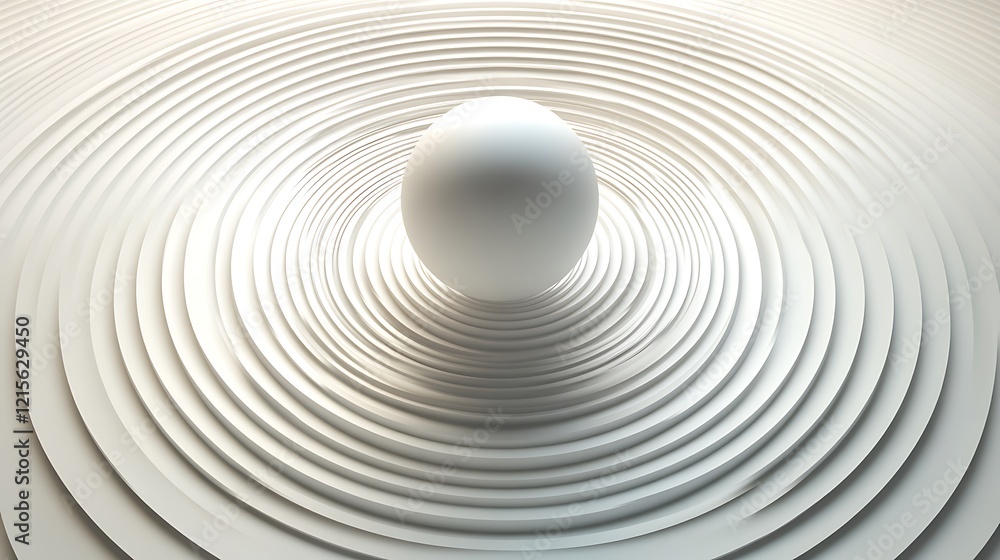 Fototapeta premium A minimalist 2D pattern of concentric circles in subtle gradients, contrasted by a bold, oversized 3D sphere emerging from the center