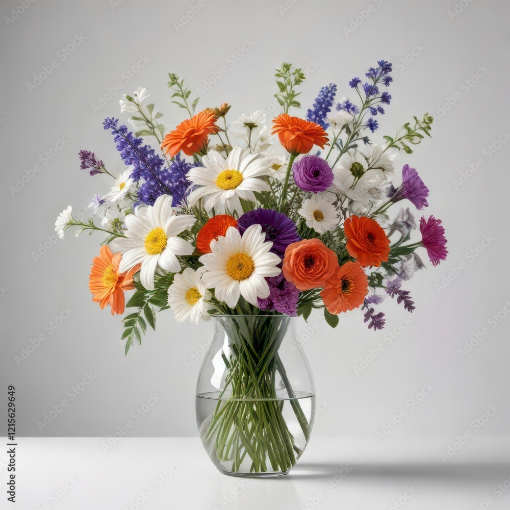 Mixed flowers in a modern glass vase on white background, centerpiece, flowers, spring Mixed flowers in a modern glass vase on white background, centerpiece, flowers, spring