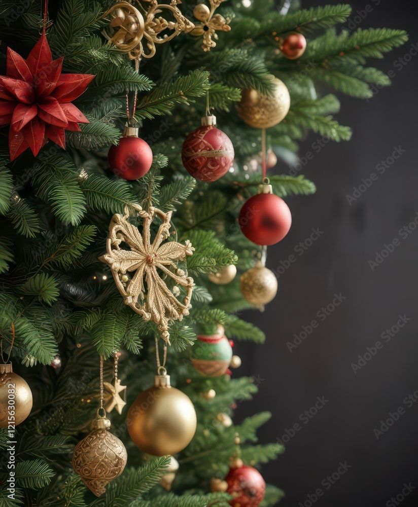 Fototapeta premium Ornamented Christmas tree branch with greenery and festive decorations, festive, red, wooden