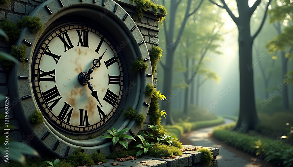 Fototapeta premium Aged clock surrounded by lush greenery in a sunny forest