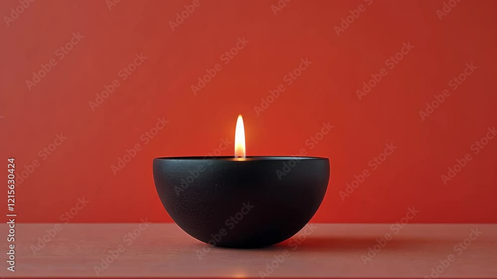 Candle flickers gently in a black bowl against bright red background Candle flickers gently in a black bowl against bright red background