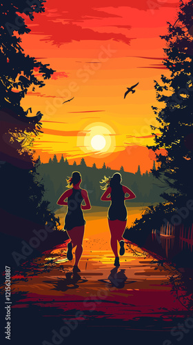 Two women jogging on rural road at sunset, embracing outdoor fitness and healthy lifestyle