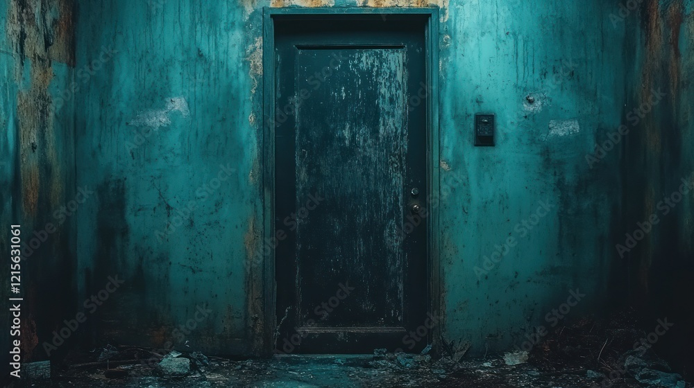 Old door, derelict building, night, mystery, horror film scene Old door, derelict building, night, mystery, horror film scene
