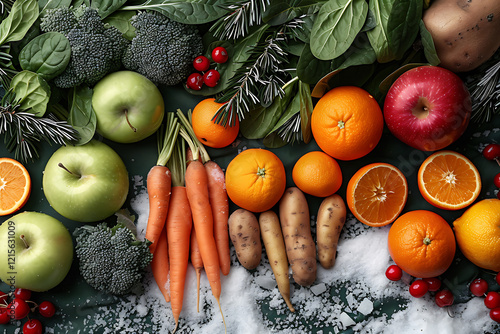 winter produce display, artfully arranged seasonal fruits and vegetables on a snowy background, vibrant and minimalist, perfect for social media