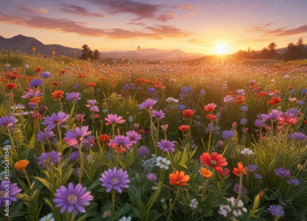 Obraz premium Vibrant wildflowers in a natural meadow at sunset, atmosphere, sky, wildflowers