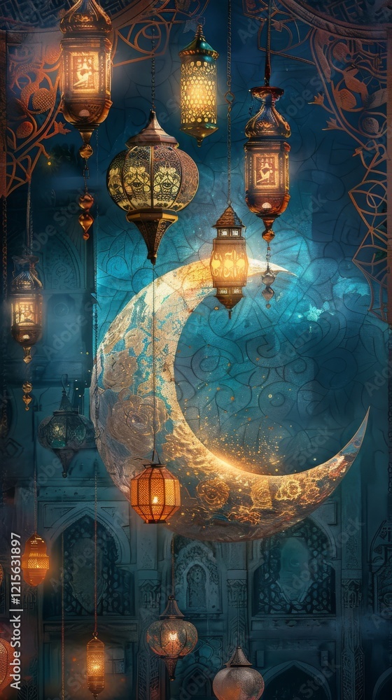 Enchanting Scene of a Crescent Moon Surrounded by Glow of Lanterns in an Ornate Islamic Decor with Lush Patterns and Mystical Atmosphere Enchanting Scene of a Crescent Moon Surrounded by Glow of Lanterns in an Ornate Islamic Decor with Lush Patterns and Mystical Atmosphere