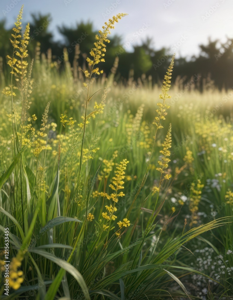 Tall grasses swaying gently in the wind with tiny yellow flowers, landscape, gentle sway, l?wenzahn Tall grasses swaying gently in the wind with tiny yellow flowers, landscape, gentle sway, l?wenzahn