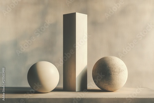 This minimalist composition features a tall rectangular form and two spherical shapes, beautifully illuminated in soft light, creating an elegant and timeless display.