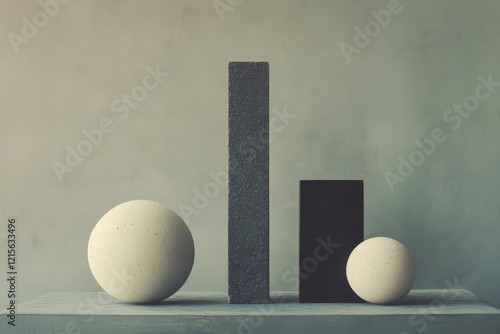 This artistic arrangement showcases contrasting dark and light geometric shapes on a textured surface, creating a striking visual impact within a minimalist design.