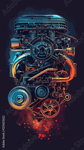 Vibrant Metallic Car Engine Component with Colorful Conceptual Design