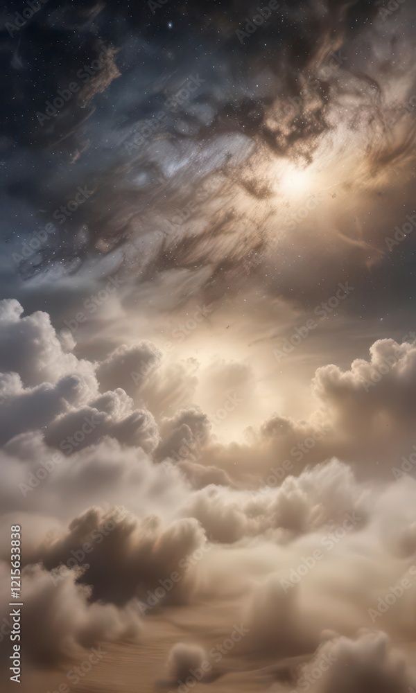 Obraz premium Vast starry sky with swirling clouds and wispy strands of fog on a weathered parchment background, nostalgic atmosphere, old parchment, vintage paper