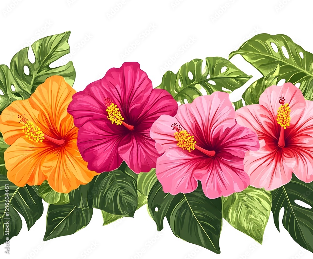 Obraz premium Tropical hibiscus flowers in vibrant pink and orange colors with lush green leaves.