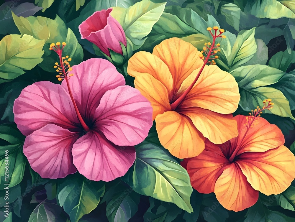 custom made wallpaper toronto digitalTropical hibiscus flowers in vibrant pink and orange colors with lush green leaves.