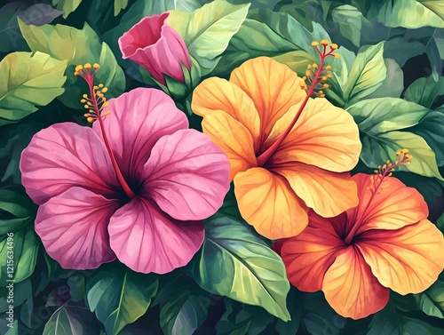 Wallpaper Mural Tropical hibiscus flowers in vibrant pink and orange colors with lush green leaves. Torontodigital.ca