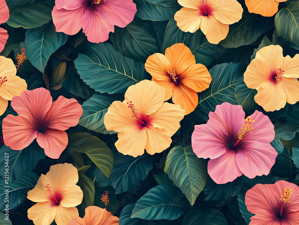 custom made wallpaper toronto digitalTropical hibiscus flowers in vibrant pink and orange colors with lush green leaves.