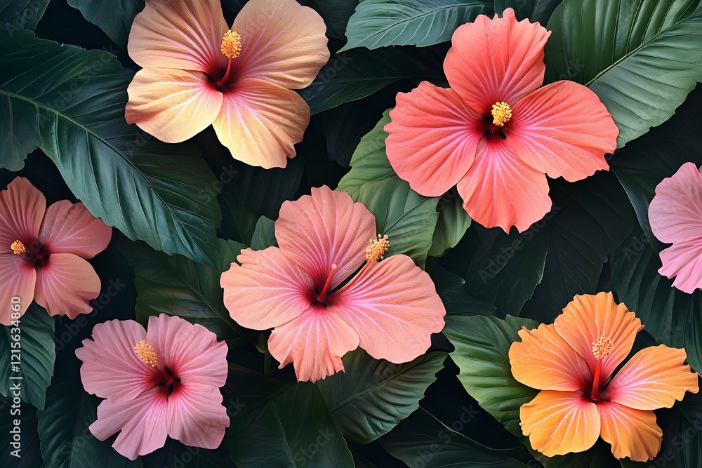 custom made wallpaper toronto digitalTropical hibiscus flowers in vibrant pink and orange colors with lush green leaves.