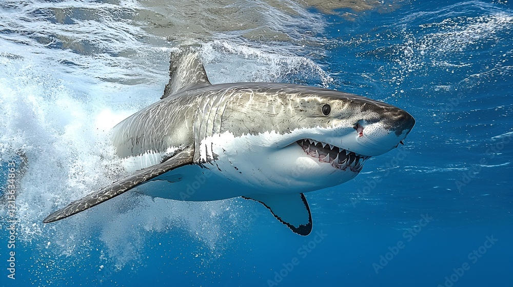 Fototapeta premium Great white shark ocean surface breach, underwater waves background, wildlife documentary