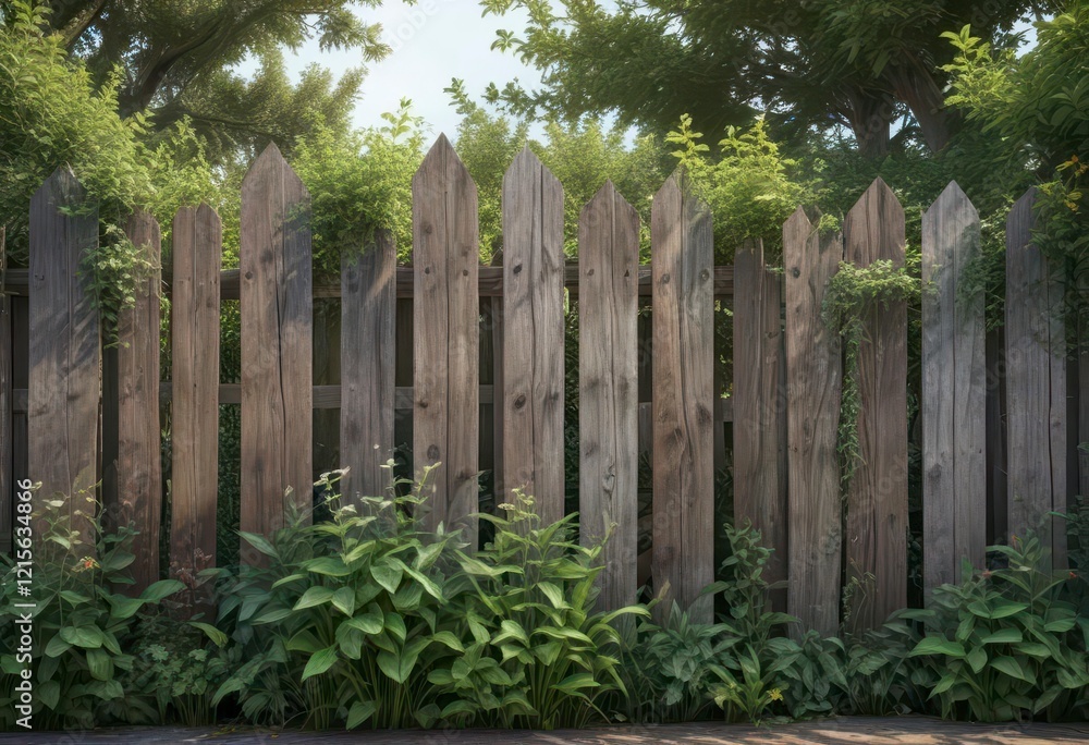 Weathered wooden fence with overgrown vegetation , grunge background, forest, earthy tones Weathered wooden fence with overgrown vegetation , grunge background, forest, earthy tones