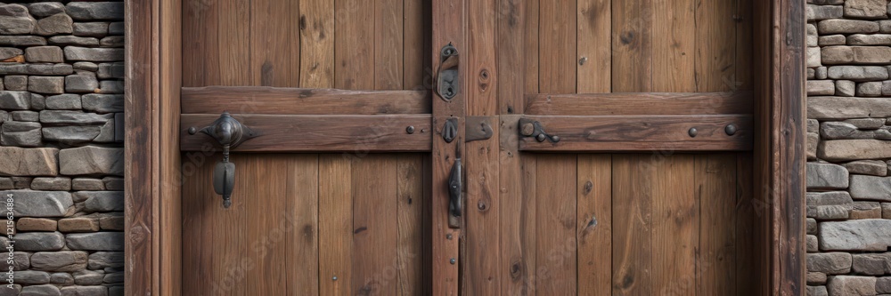 Weathered wooden door with worn handle, rustic scene,  outdoor, wood texture,  aged wood