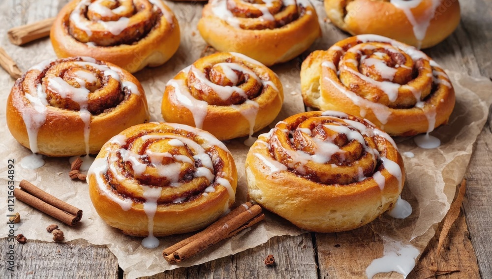 Sweet cinnamon buns with swirls of icing arranged on rustic wood, showcasing a warm and inviting baked treat for breakfast or dessert Sweet cinnamon buns with swirls of icing arranged on rustic wood, showcasing a warm and inviting baked treat for breakfast or dessert