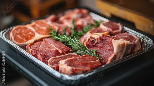 Raw lamb chops, rosemary, grill prep photo