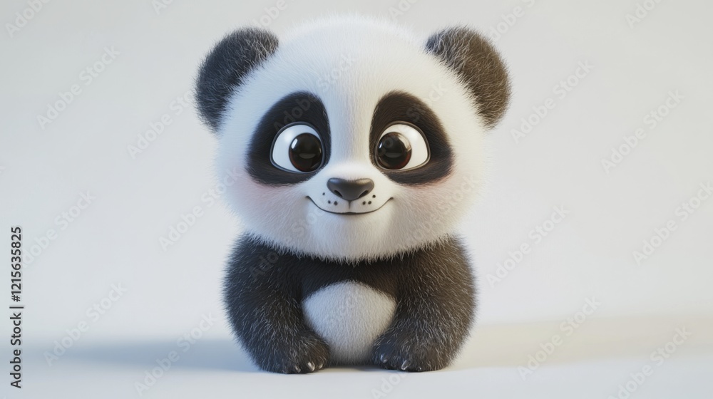 Cute cartoon baby panda with big eyes and fluffy fur on light background