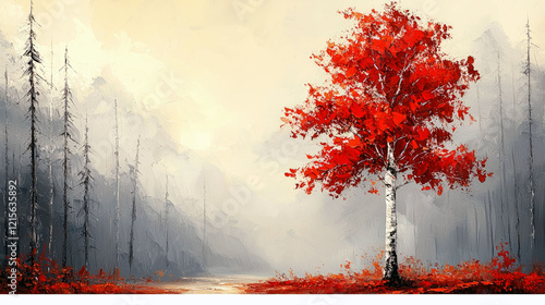Red Birch Tree in Misty Forest: An Autumn Landscape Painting