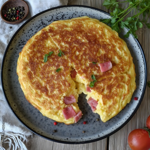 Ham and Cheese Potato Pancake: A rustic, golden-brown potato pancake, studded with ham and cheese, sits invitingly on a slate-grey plate. A slice has been removed. photo