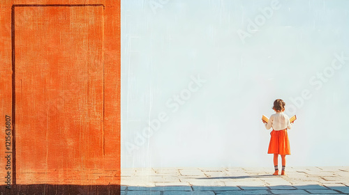 Wallpaper Mural Girl with books stands before large orange wall. Torontodigital.ca