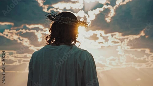 Seamless Loop Of Jesus Christ With Crown Of Thorns Against Dramatic Sky, Religious Christianity Concept Video 4K