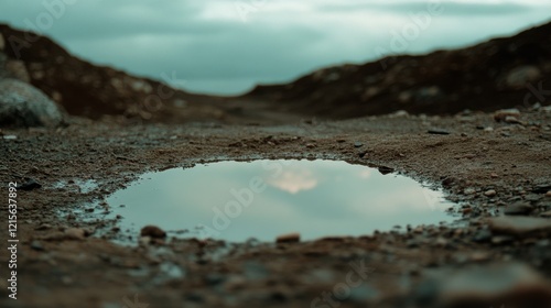 A puddle reflects the cloudy sky on an isolated, rugged path, offering a glimpse of nature's juxtaposition. photo