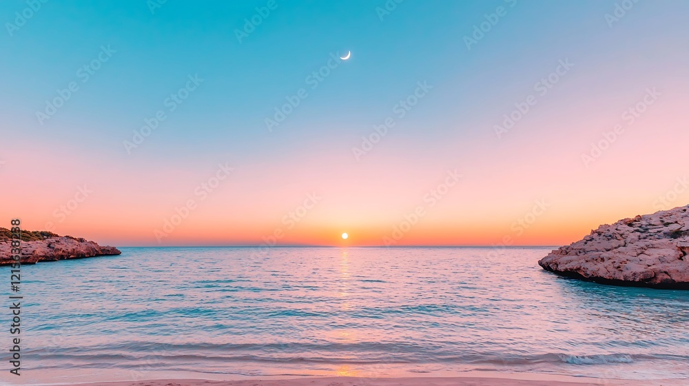 Naklejka premium Peaceful sunset over ocean rocks, calm beach scene, idyllic vacation