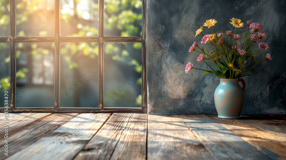 Fototapeta premium rustic flower vase by a sunlit window evoking warmth and serenity for cozy home decor and storytelling visuals. Copy space