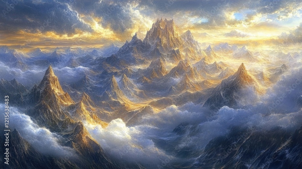 An aerial view of expansive mountain ranges with sharp peaks and deep valleys, as sunlight streams through the clouds, illuminating the rocky terrain. An aerial view of expansive mountain ranges with sharp peaks and deep valleys, as sunlight streams through the clouds, illuminating the rocky terrain.