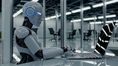 Loop Of AI Humanoid Robot Working On Laptop In Corporate Office, Replacing Human Jobs Concept Seamless Looping Video 4K